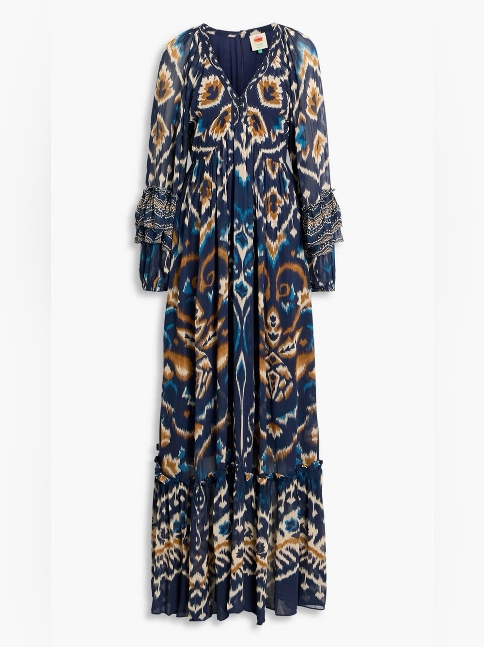 FARM Rio Pineapple Blue Ikat Maxi Dress Boho Long Sleeve Altered Length Small - Picture 1 of 16